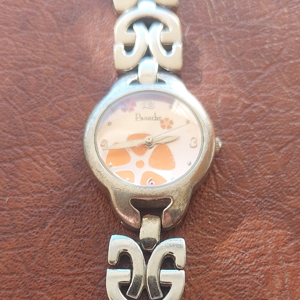 Panache Silver Tone Bracelet Watch Orange Floral/Paw Print Dial
